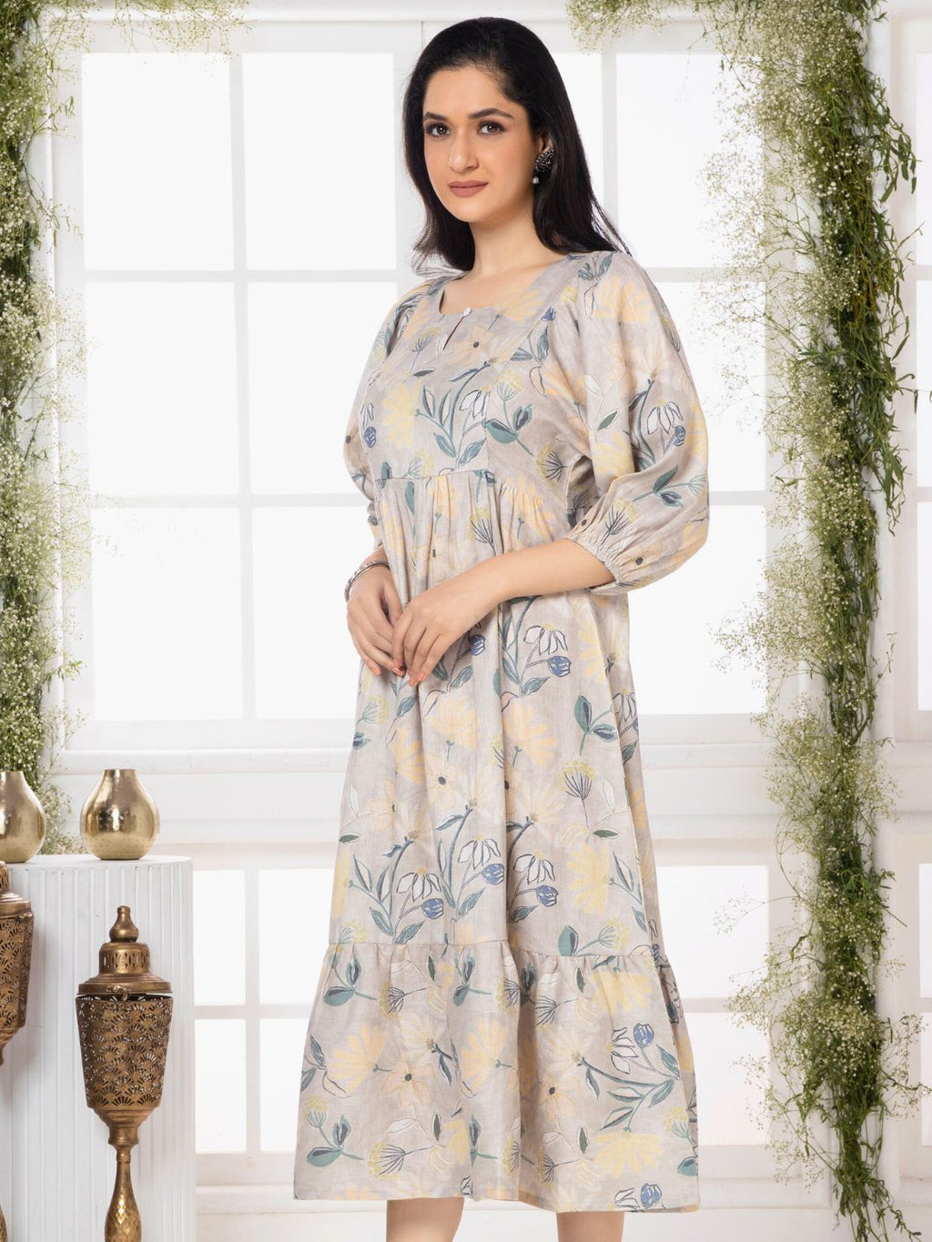 Sand Grey Florette Leaf Midi Dress