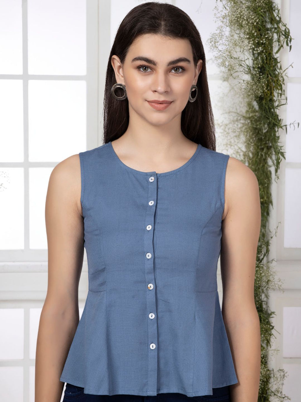 Blue Cotton Flax Panelled A-Line Top with Button-Down Placket