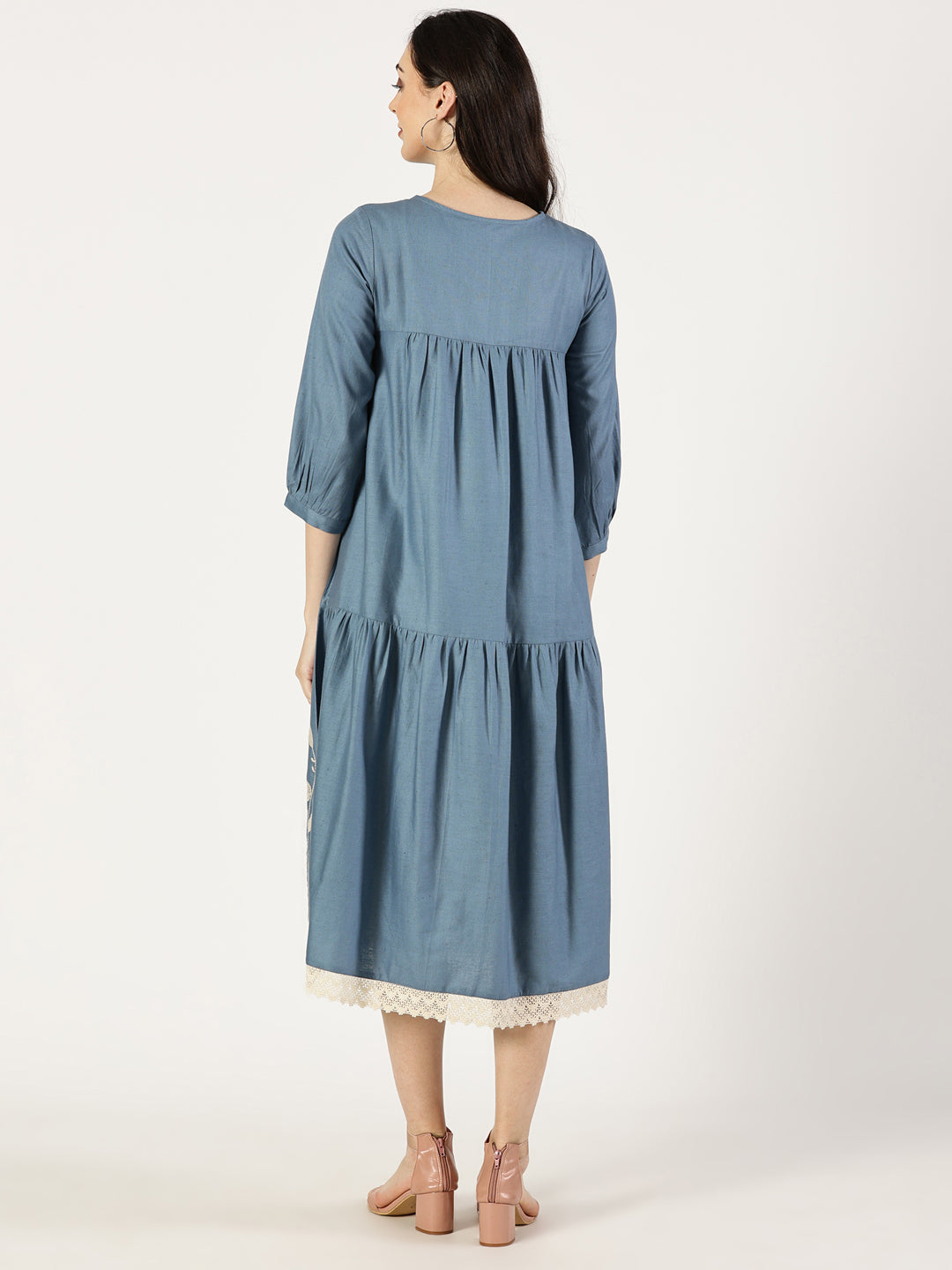 Blue Cotton Linen Embroidered Dress with Lace