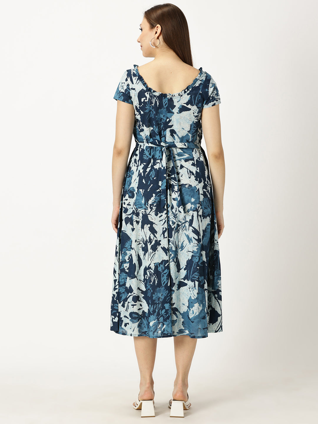 Navy Blue Floral Printed Midi Dress with Waist Tie-up