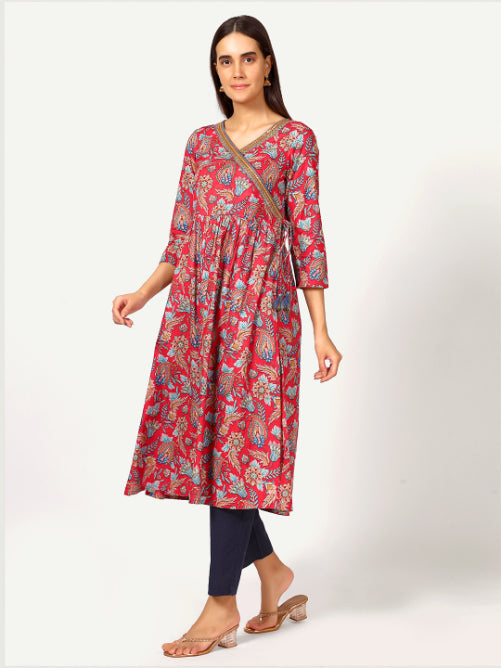 Red Paisley Print Angrakha Kurta with Mirror Embroidery and Gathers