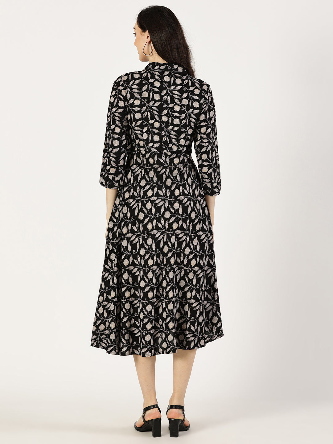 Black Tropical Print Shirt Collar Dress with Elastic Waist Belt