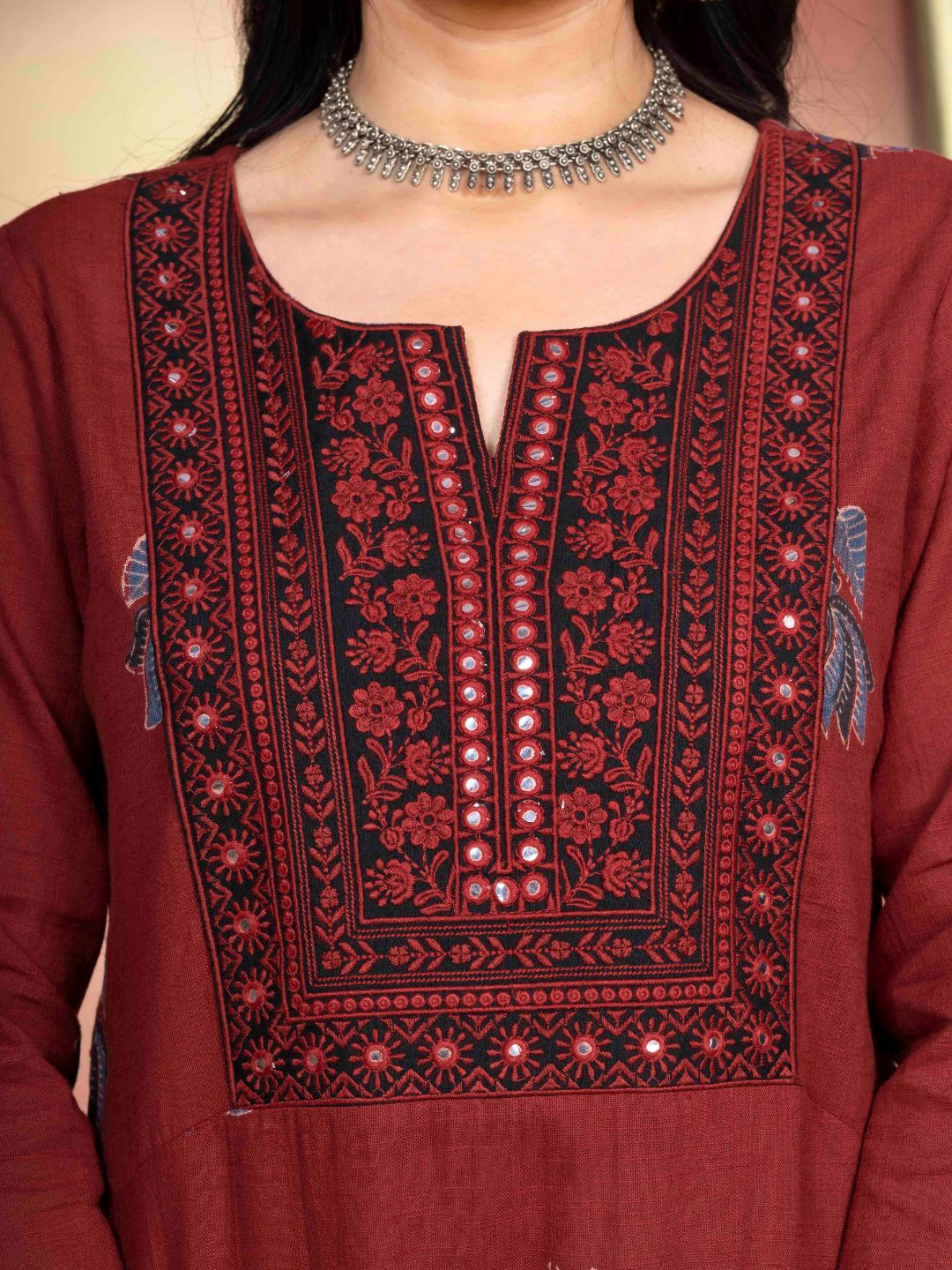 Rust Cotton Motif Print Straight Kurta with Embroidered Neckline