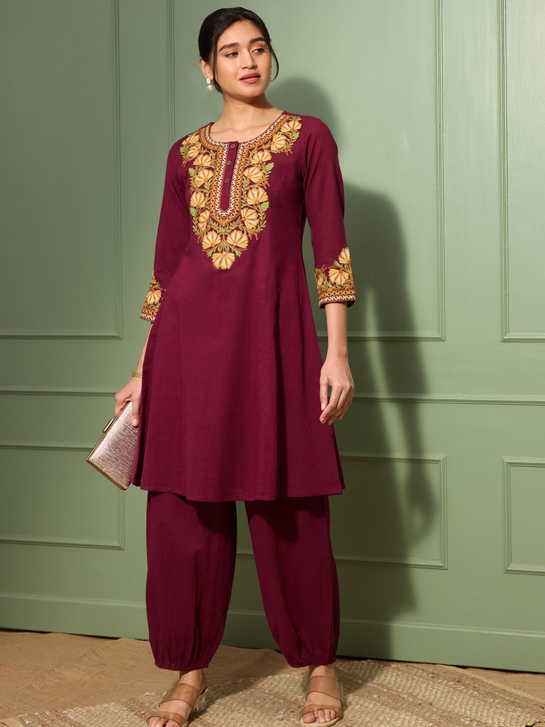 Merlot Wine Kashida Embroidered A-Line Cotton Kurta Set with Afghani Salwar