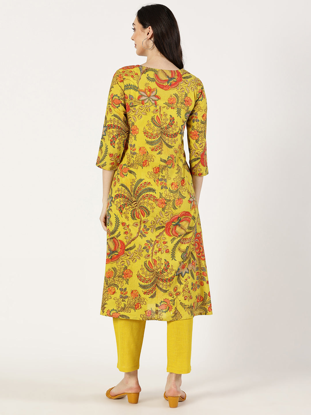 Mustard Floral Print Kurta with Neck Embroidery