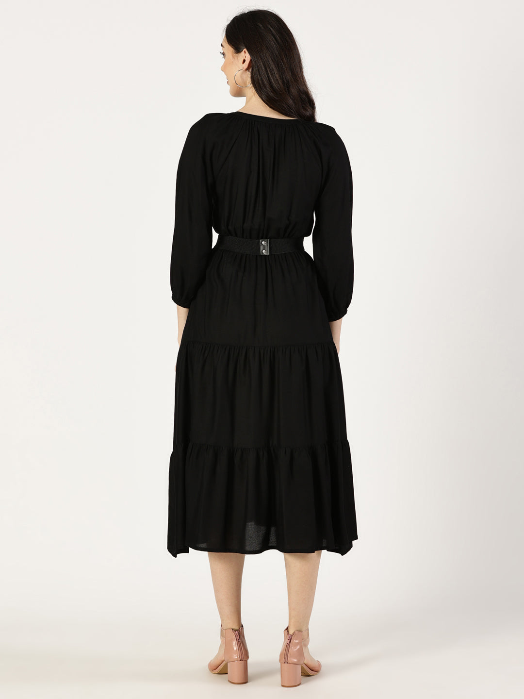 Black Tiered Midi Dress with Elastic Waist Belt