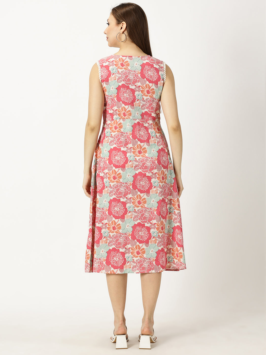 Pink Floral Printed Dress with Braided Neck Tie-up and Lace inserts