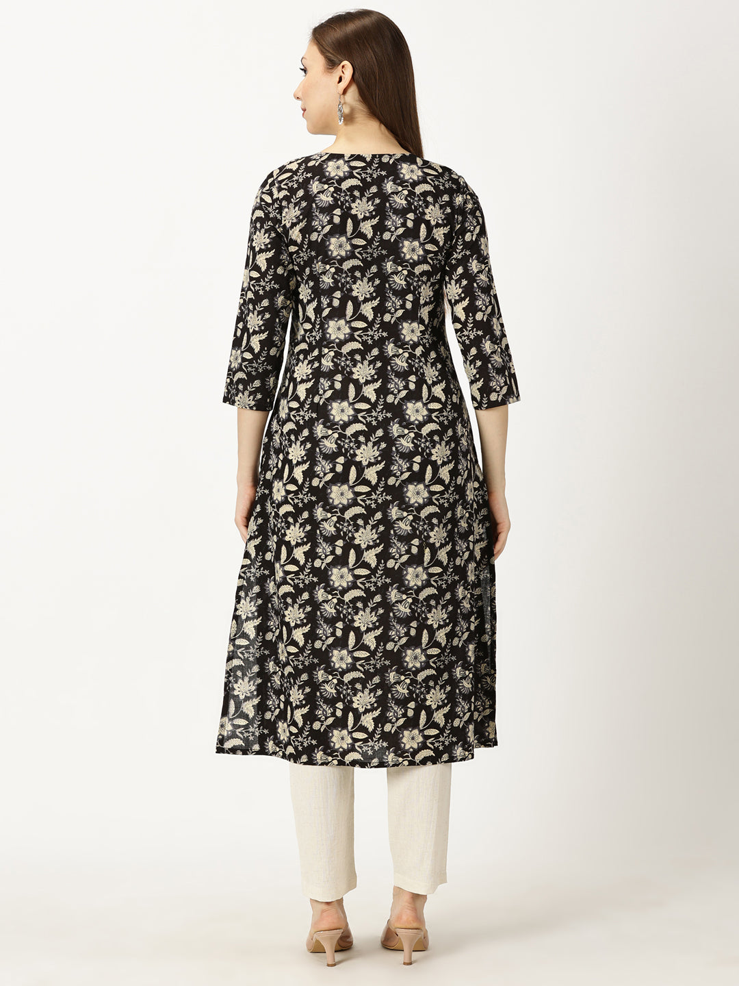 Black Floral Print Kurta with Yoke Embroidery and Mirror Work