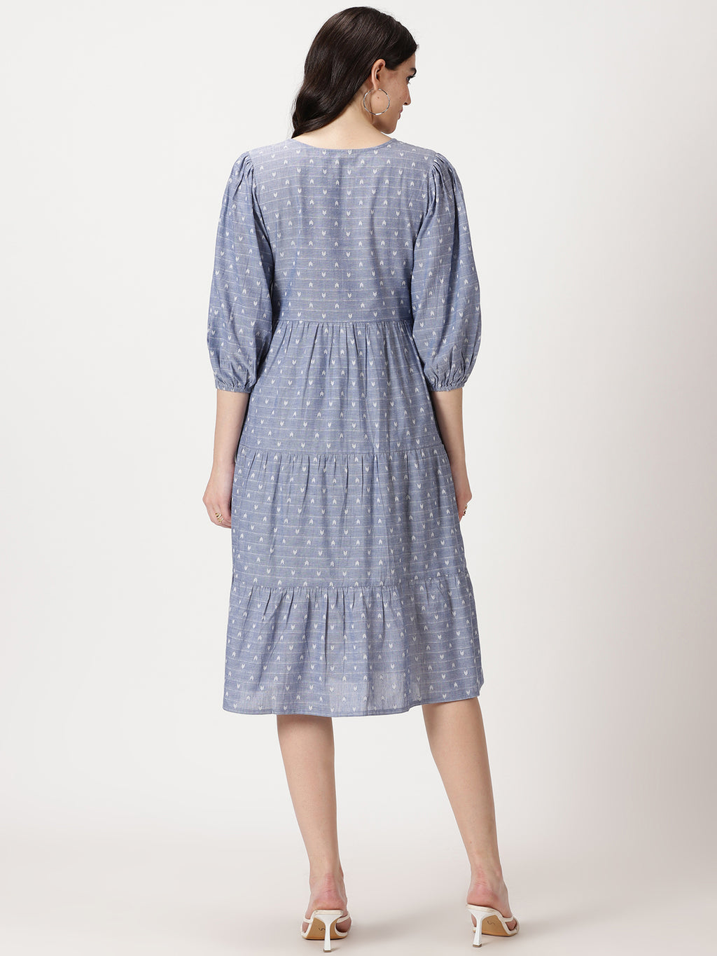 Blue Abstract Woven Design Tiered Midi Dress