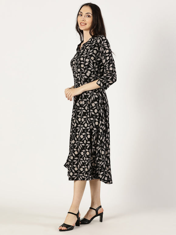 Black Tropical Print Shirt Collar Dress with Elastic Waist Belt