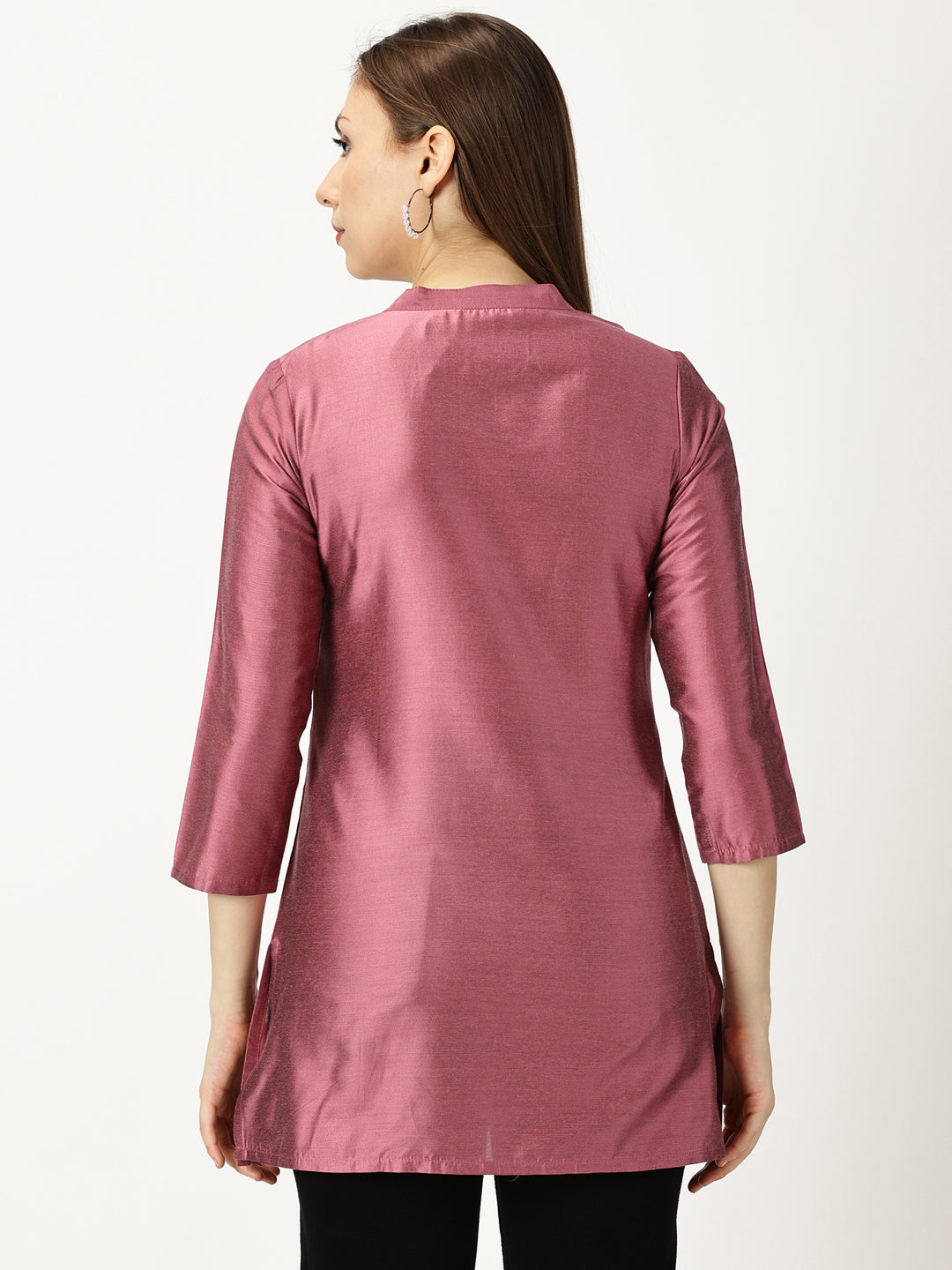 Pink Art Silk Embroidered  Neck Tunic with Mirror Accents