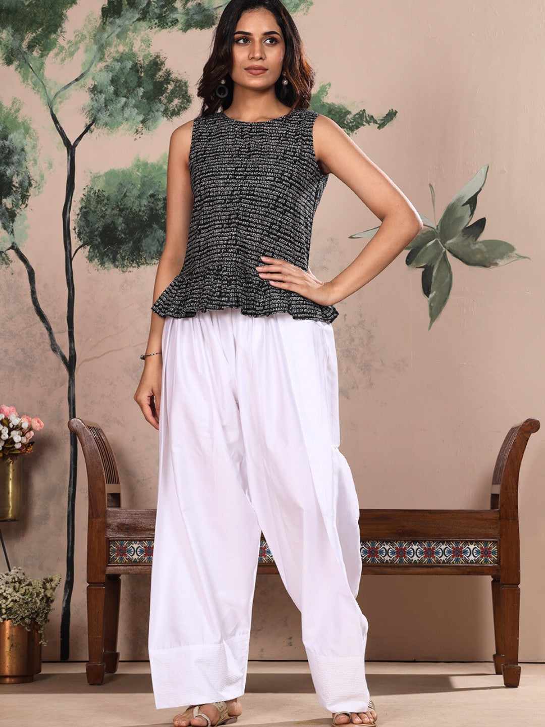 White Farshi Salwar with Elasticated Waist & Couching Detail