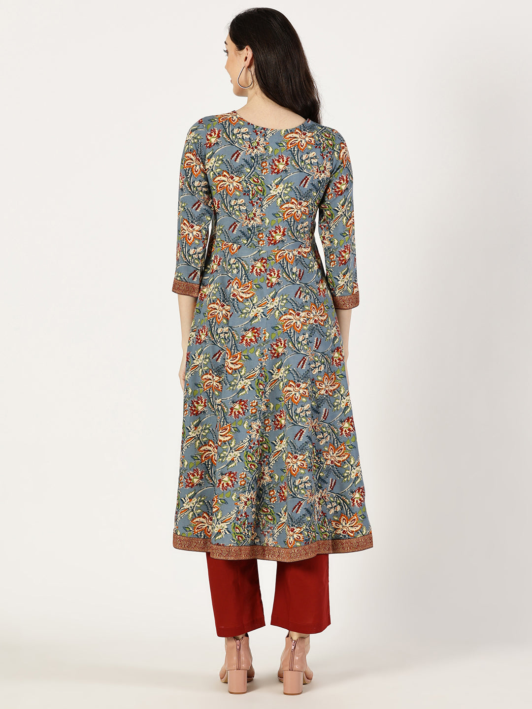 Blue Floral Print Anarkali Kurta with Brocade Lace Details