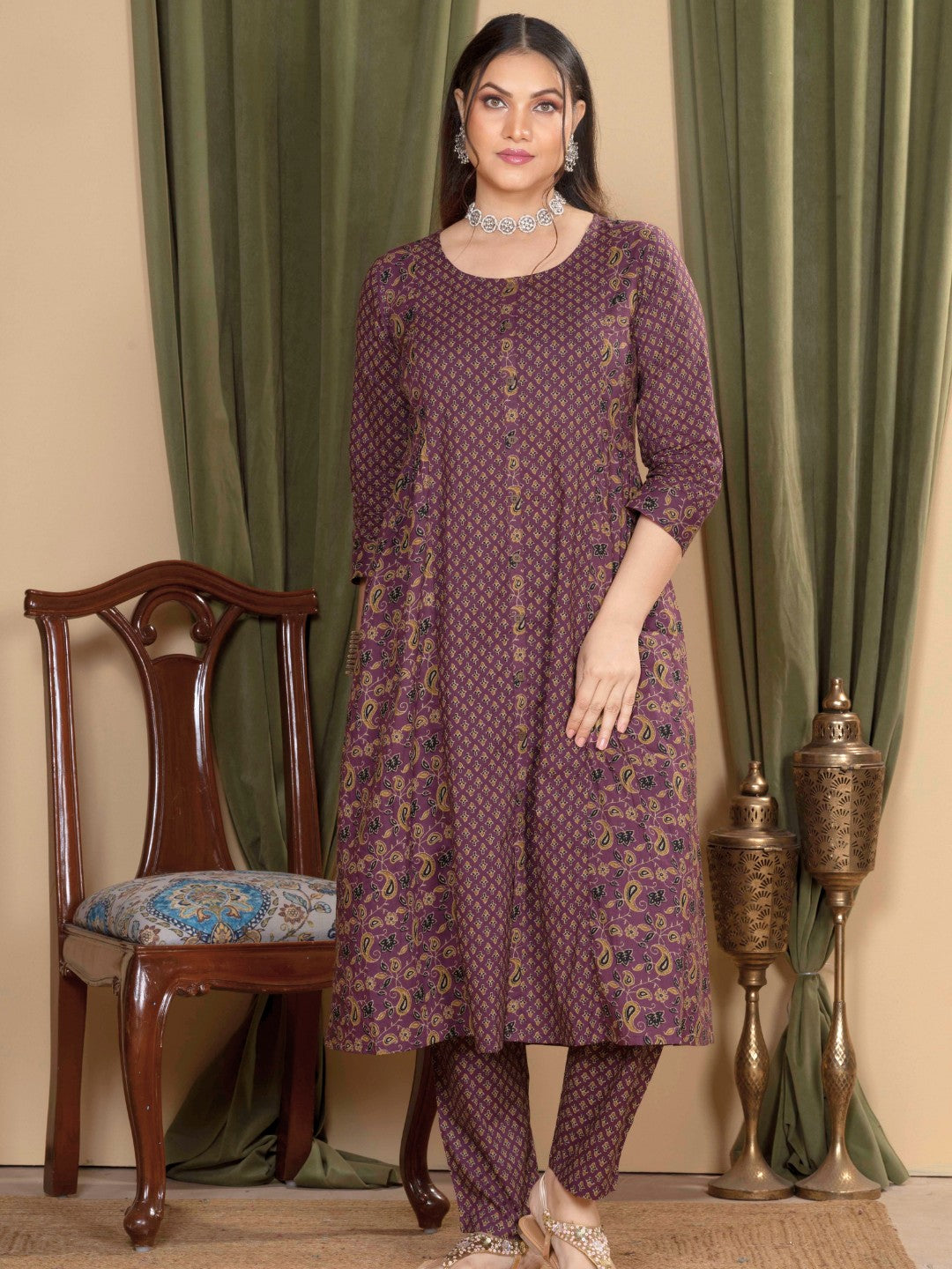 Heritage Plum Printed A-Line Cotton Kurta