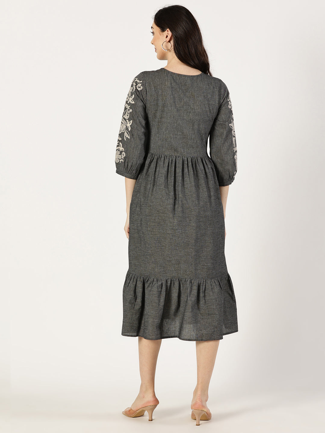 Grey Cotton Tiered Embroidered Dress