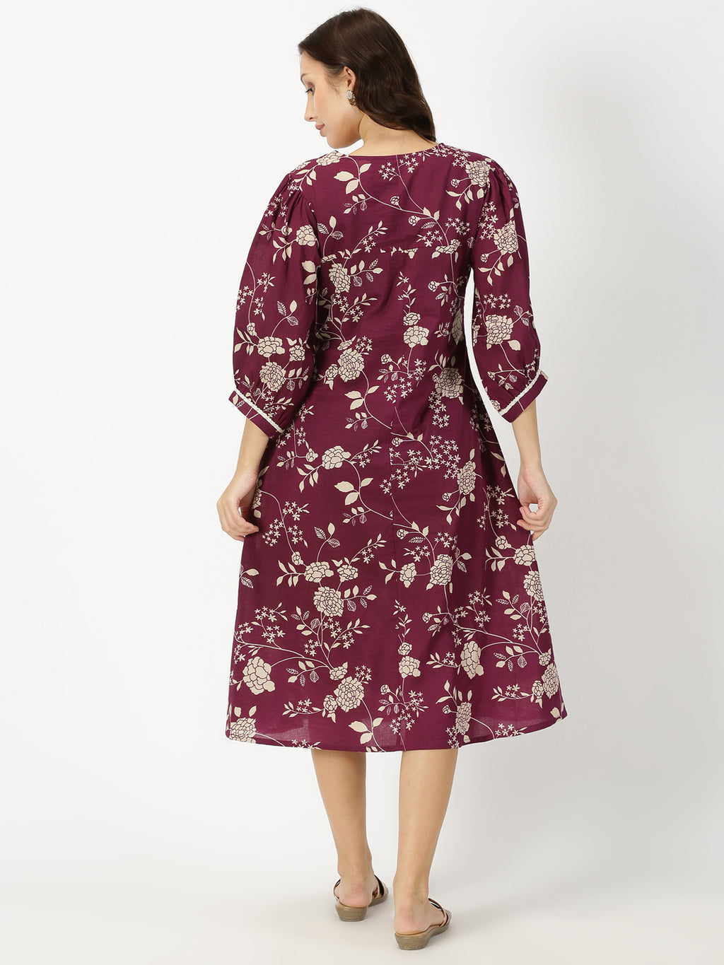 Wine Floral Print Midi Dress