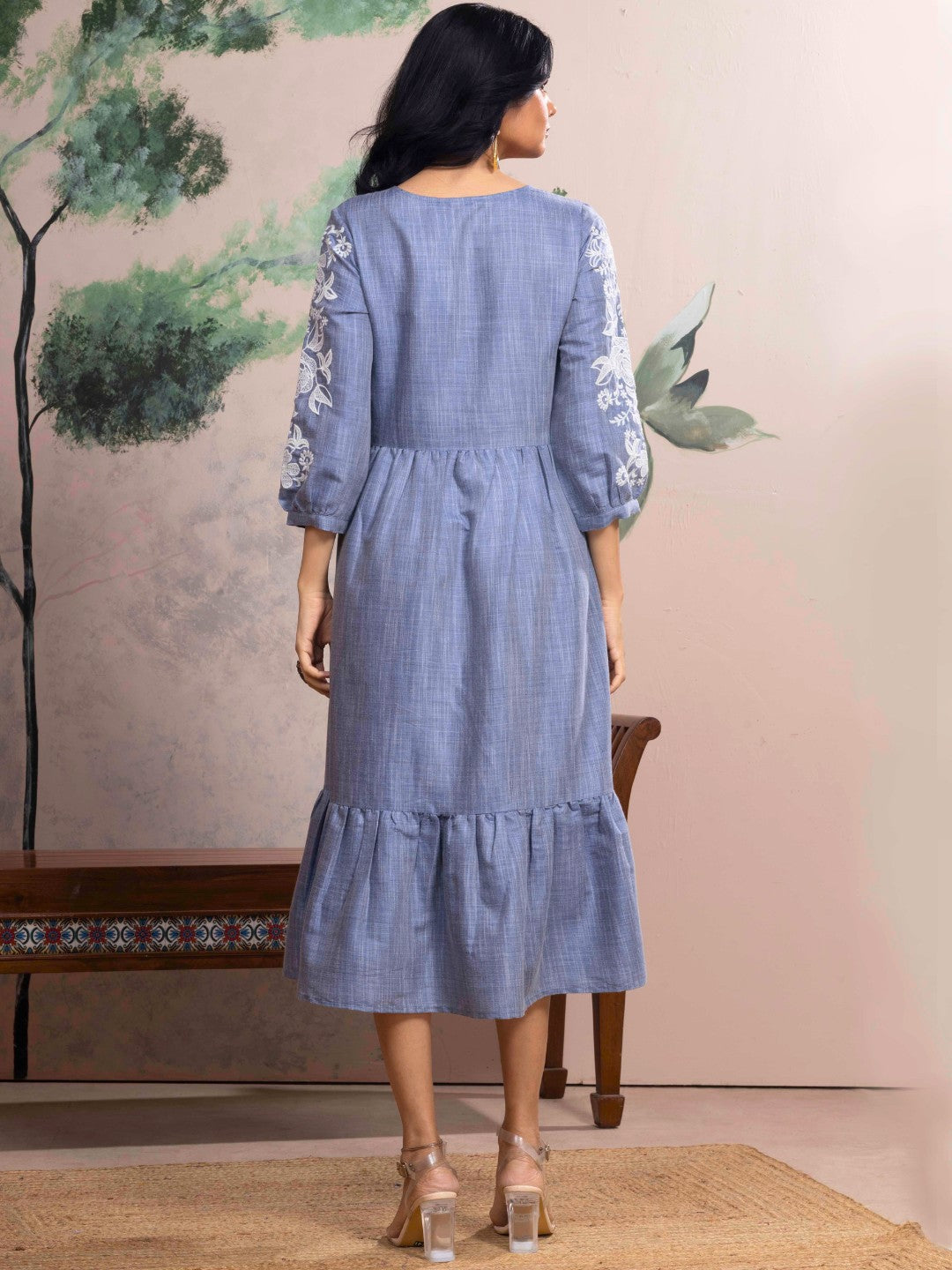 Shadow Blue Chambray Floral Embroidered Tiered Dress