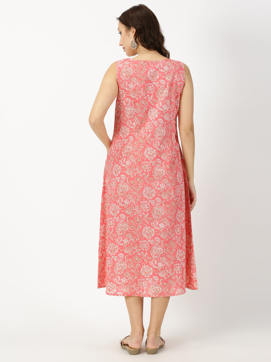 Coral Floral Print Panelled Midi Dress