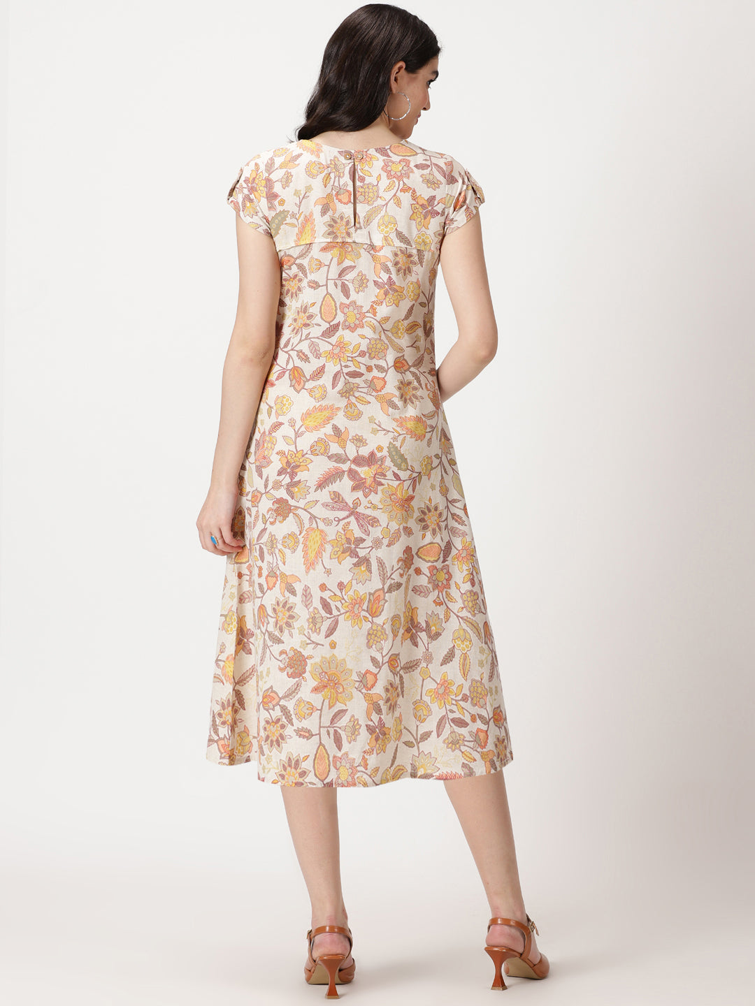 Off White-Yellow Ethnic Floral Print Midi Dress with Patch Pockets
