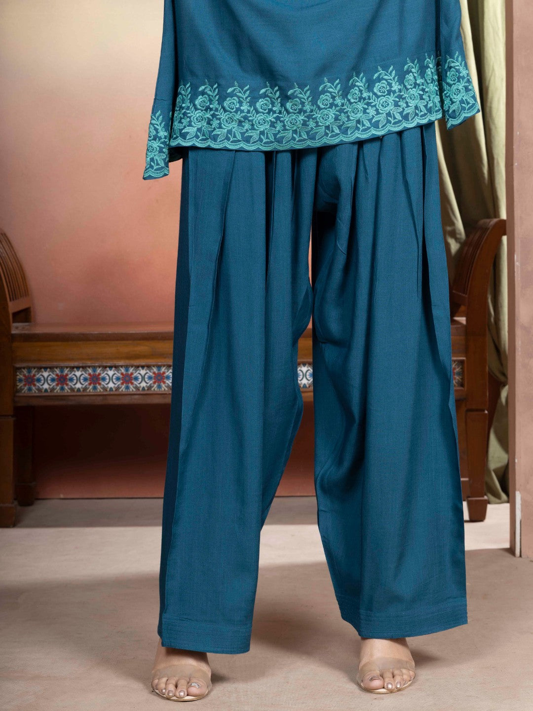 Transformative Teal Embroidered A-Line Kurta with Farshi Salwar