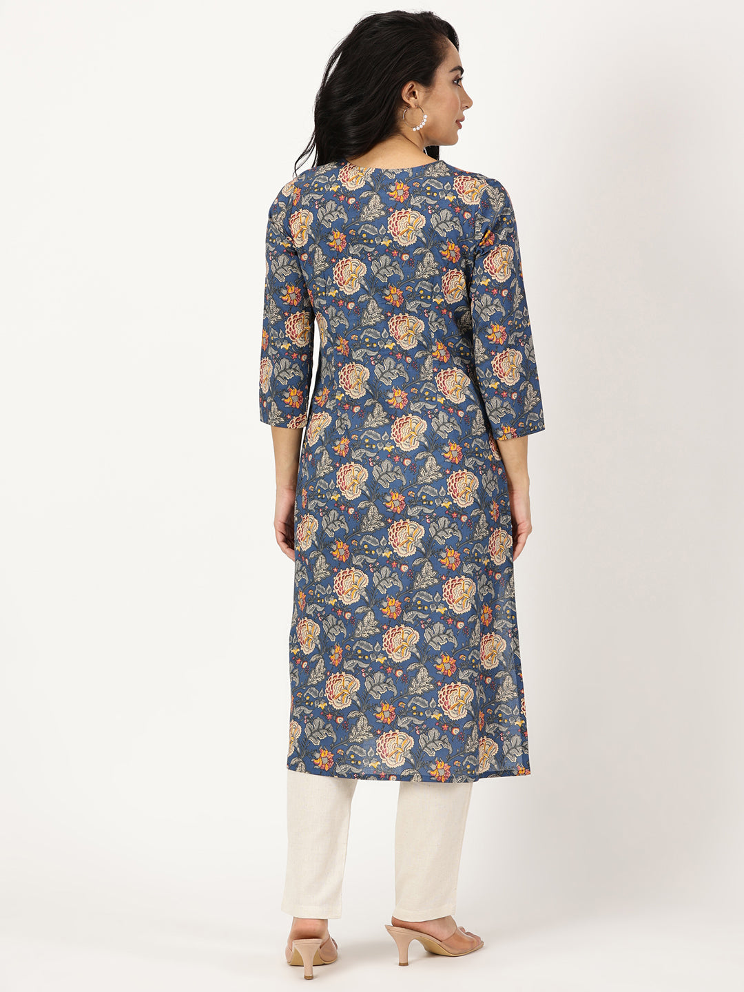 Blue Ethnic Floral Print Kurta with Yoke Embroidery