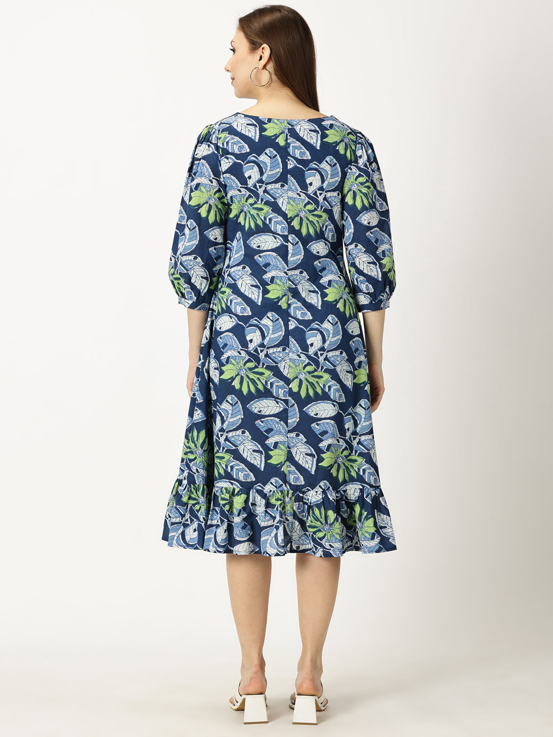 Blue Floral Printed Cotton Dress with Flounce Hem