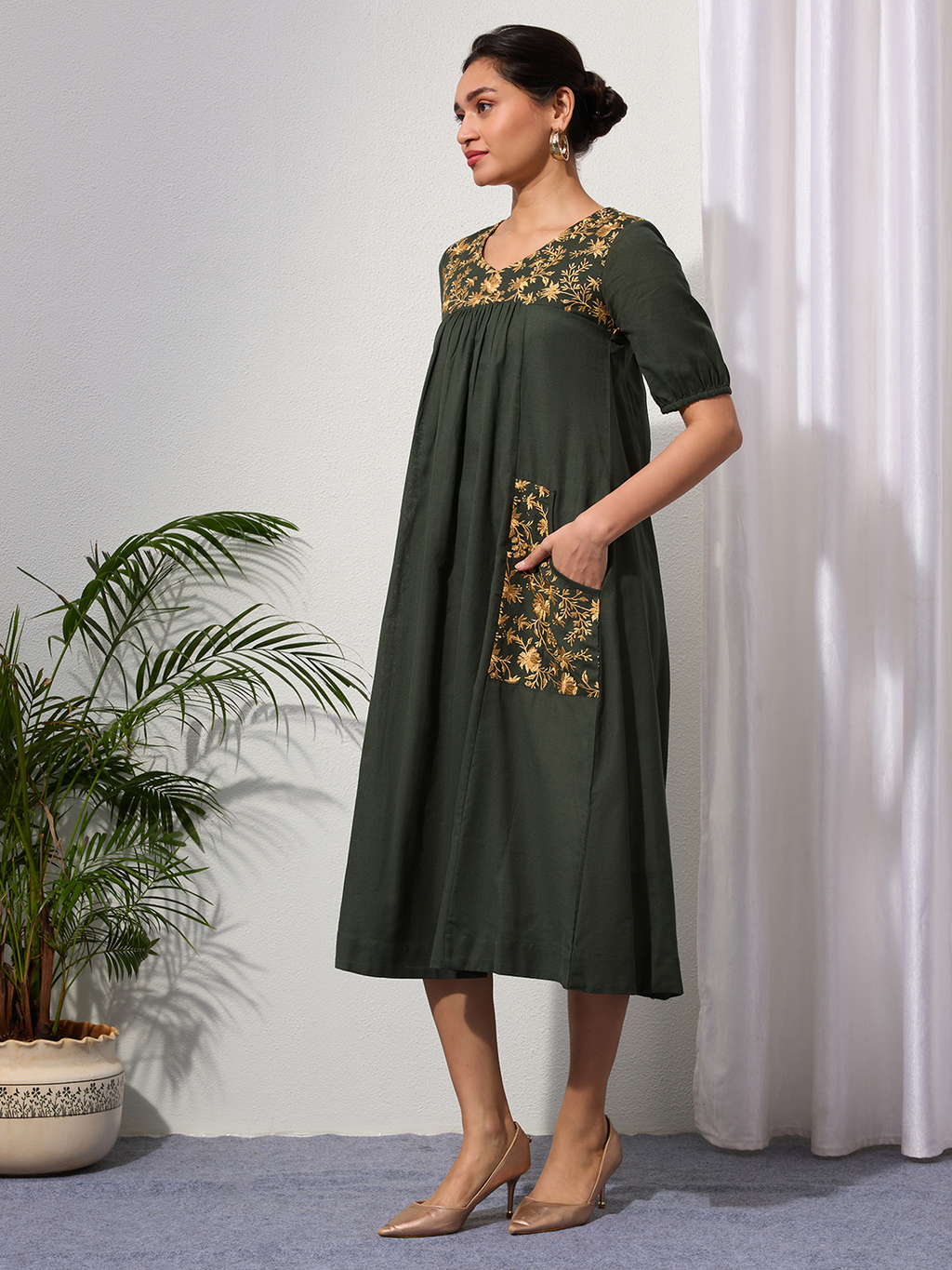 Forest Green Cotton Linen Dress A-Line with Parsi Gara Inspired Embroidery