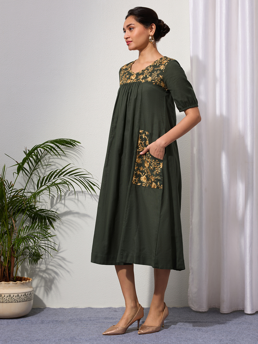 Forest Green Cotton Linen Dress A-Line with Parsi Gara Inspired Embroidery