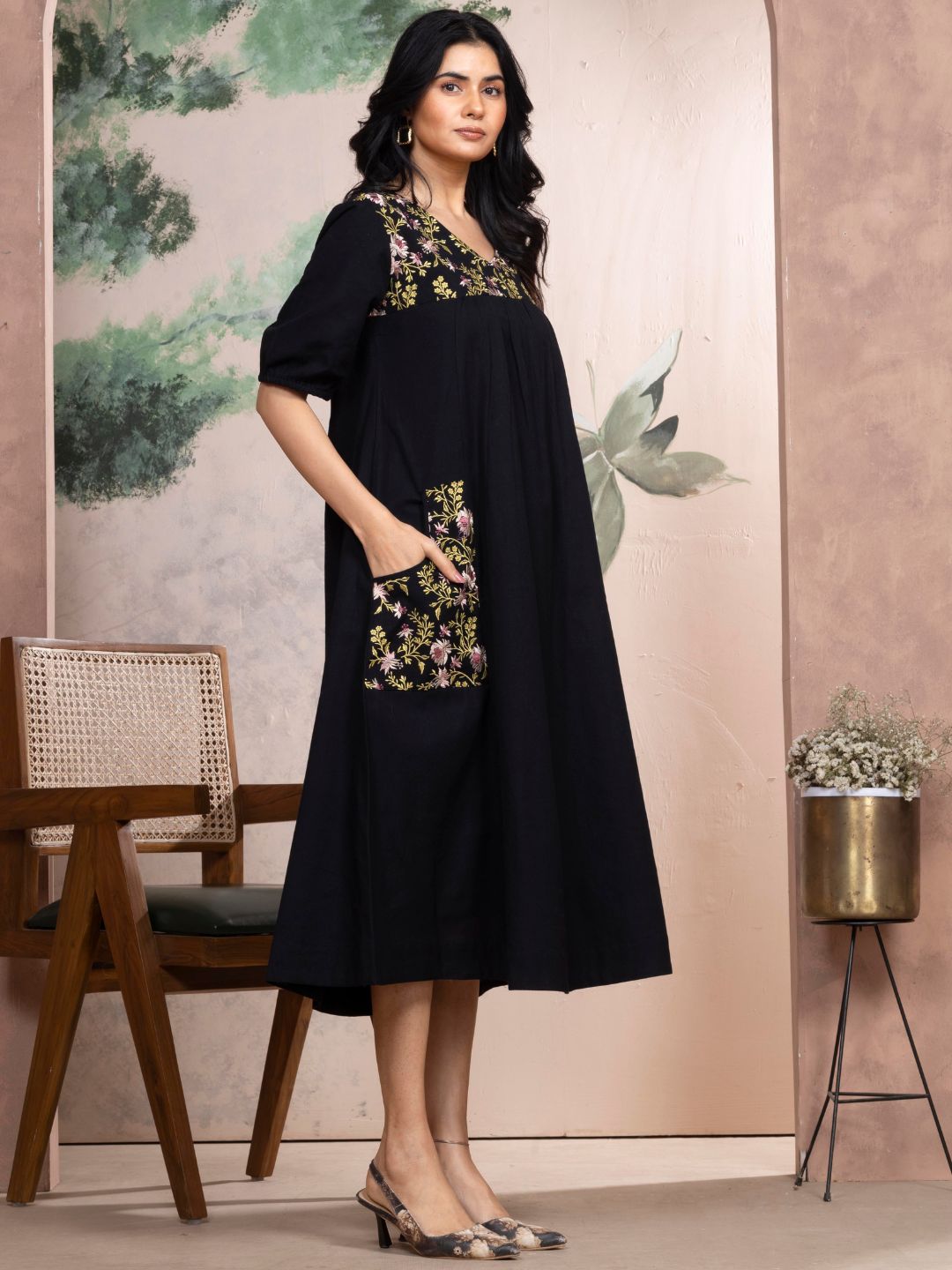 Midnight Black Cotton Linen Dress A-Line with Parsi Gara Inspired Embroidery