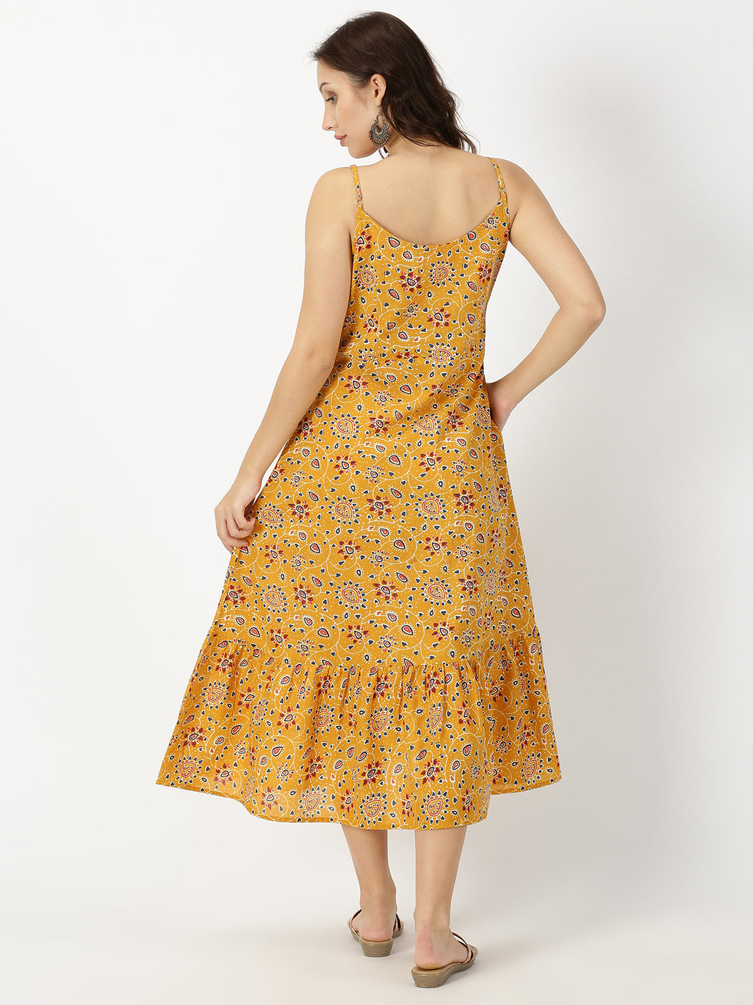 Mustard Ethnic Motifs Print Strappy Midi Dress