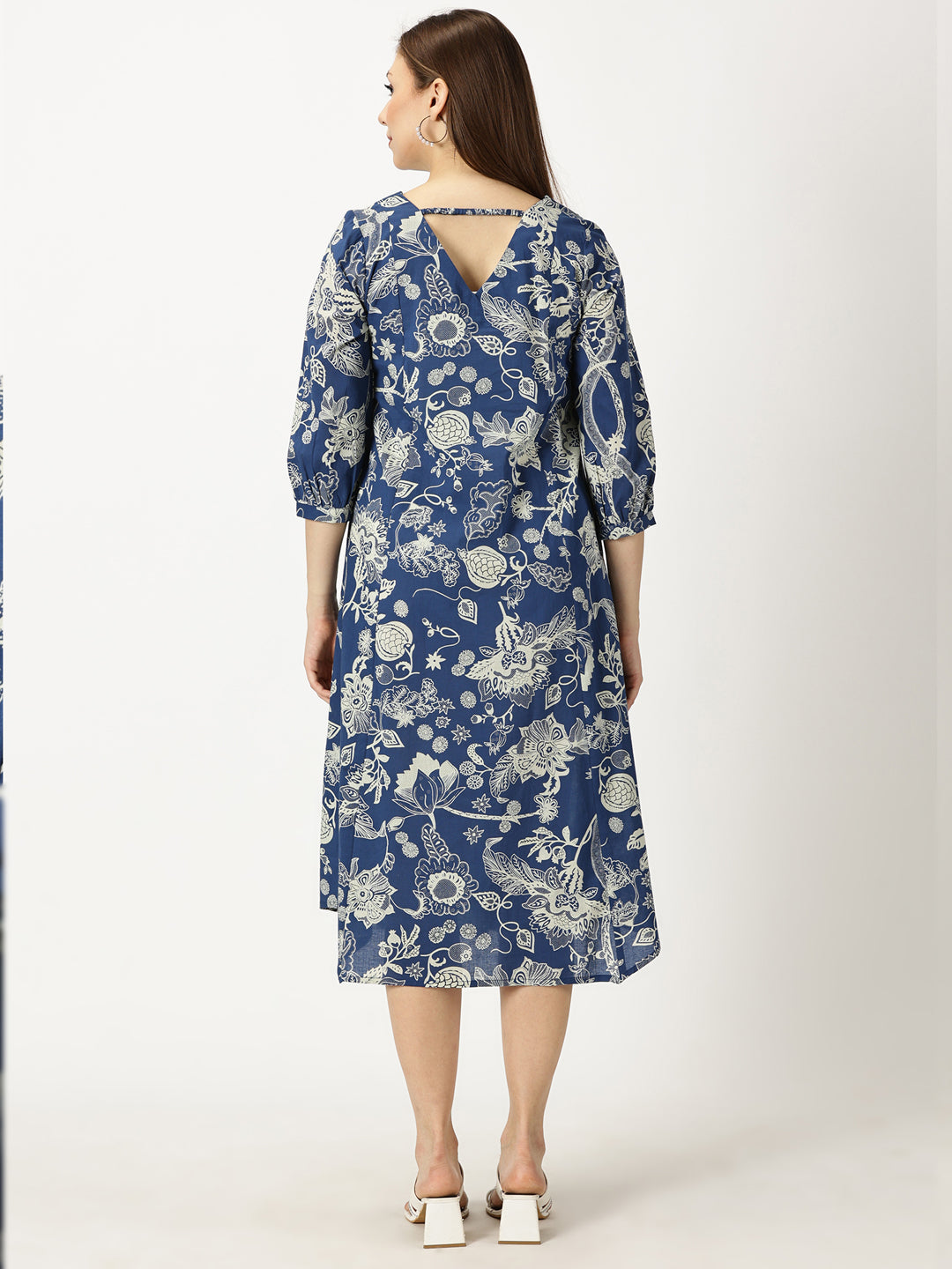 Blue Tropical Print Cotton Dress with Back Strap