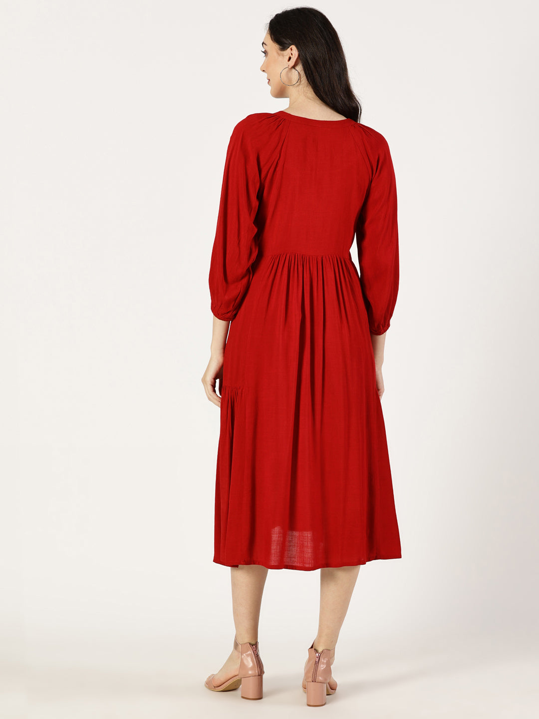 Red Rayon Slub Dress with Gathers