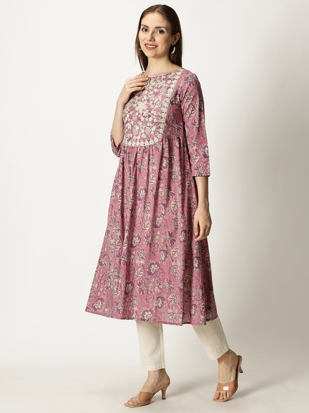 Pink Printed Cotton Kurta with Neck Embroidery