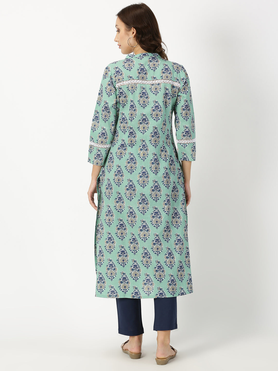 Sea Green Paisley Floral Print Kurta with Pintucks