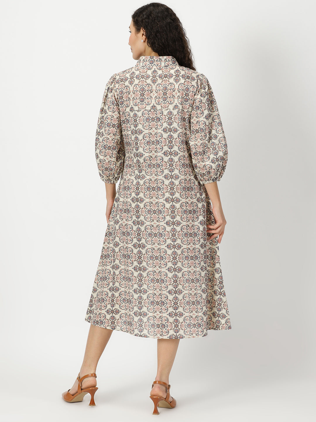Cream Ethnic Motifs Print Shirt Dress with Yoke Embroidery