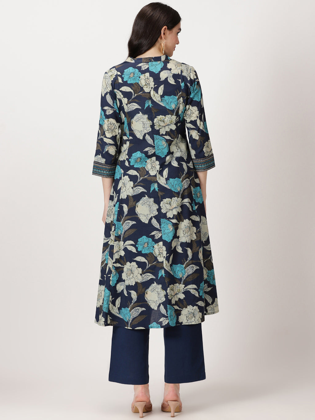 Navy Blue Floral Print Button-Down Kurta
