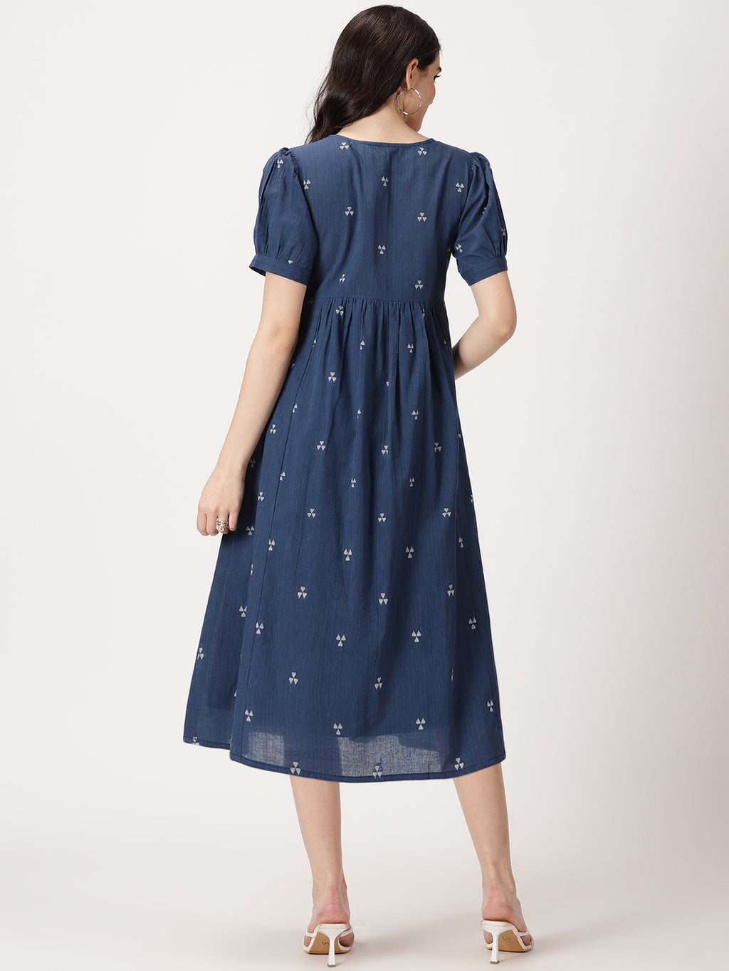 Navy Blue Woven Design Cotton Midi Dress