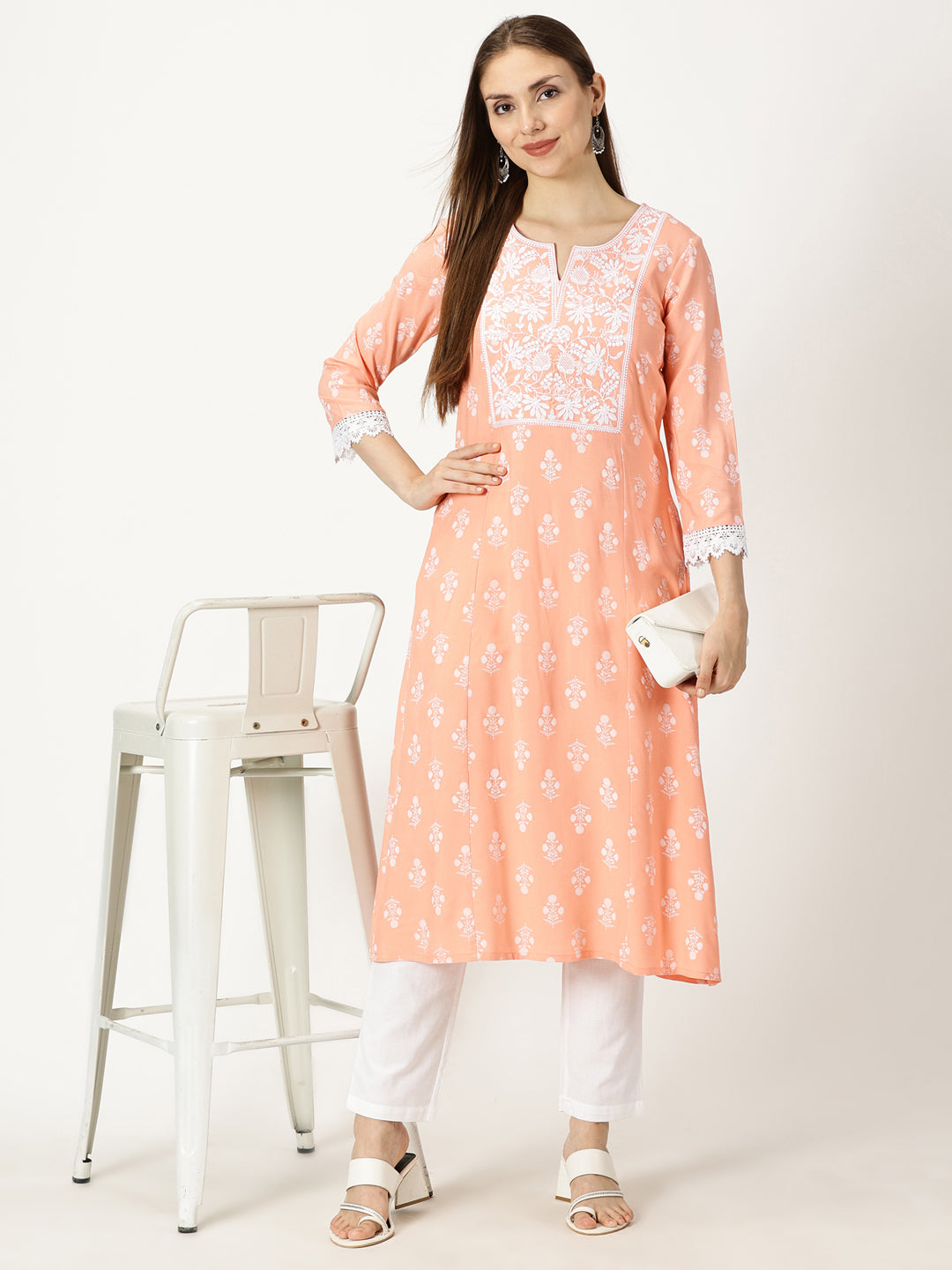 Pastel Peach Floral Print Rayon Kurta with Chikankari Embroidery