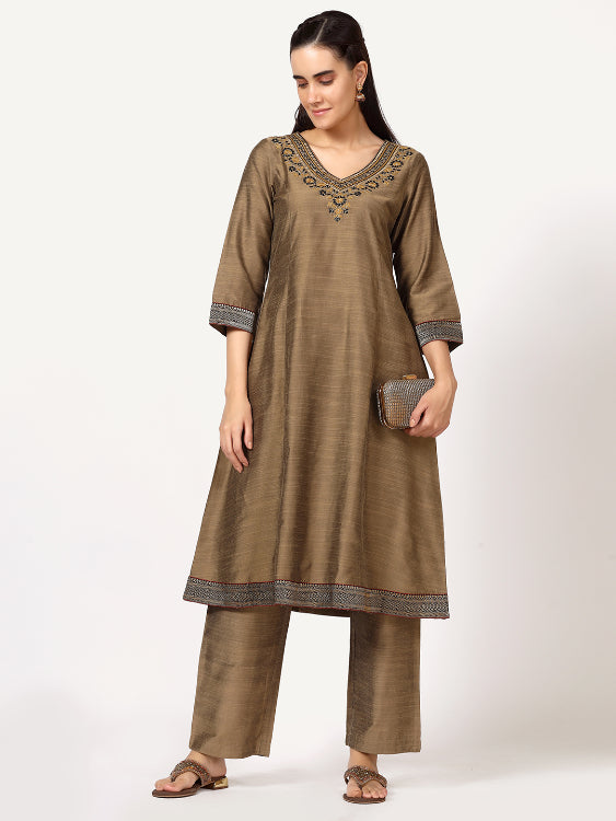 Gold Art Silk Embroidered Kurta Set with Brocade Lace