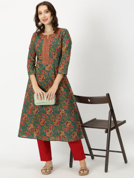 Green Ethnic Floral Print Kurta with Neck Embroidery