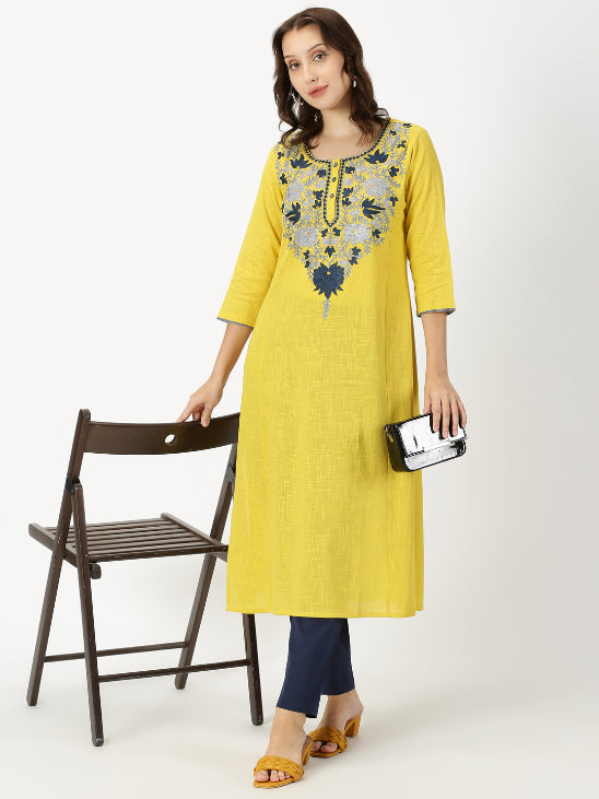 Yellow Slub Kurta with Kashida Embroidery