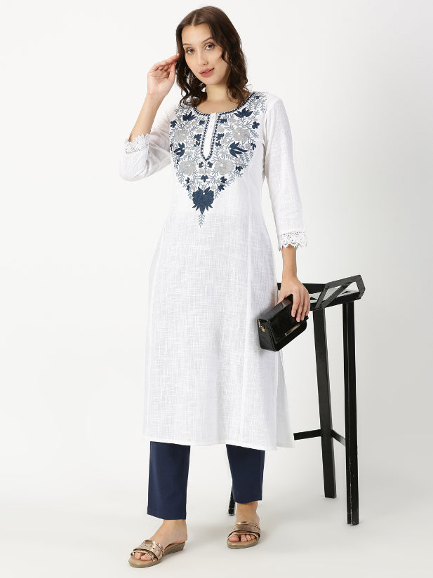 White Slub Kurta with Kashida Embroidery