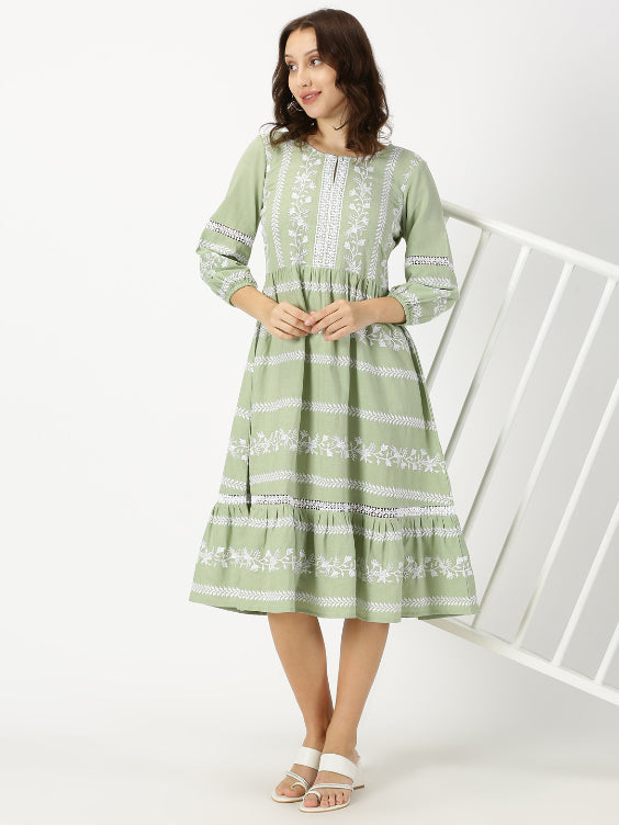 Pastel Green Boho Embroidered Midi Dress