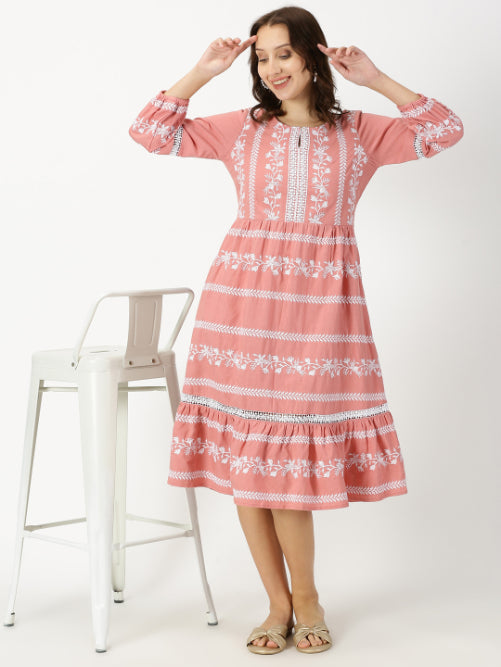 Peach Boho Embroidered Midi Dress