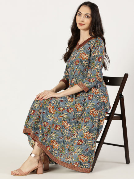 Blue Floral Print Anarkali Kurta with Brocade Lace Details