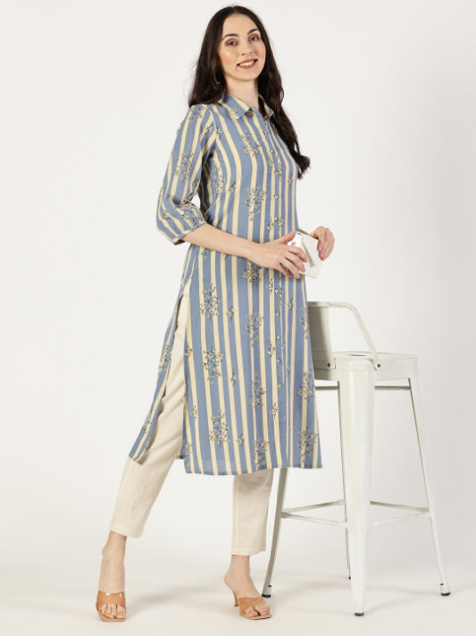 Blue Floral Print Shirt Kurta