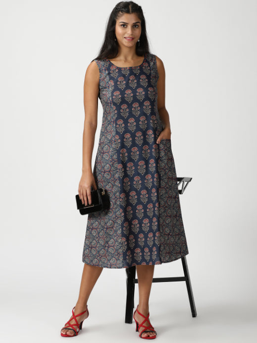 Navy Blue Ethnic Motifs Printed Panelled Midi Dress