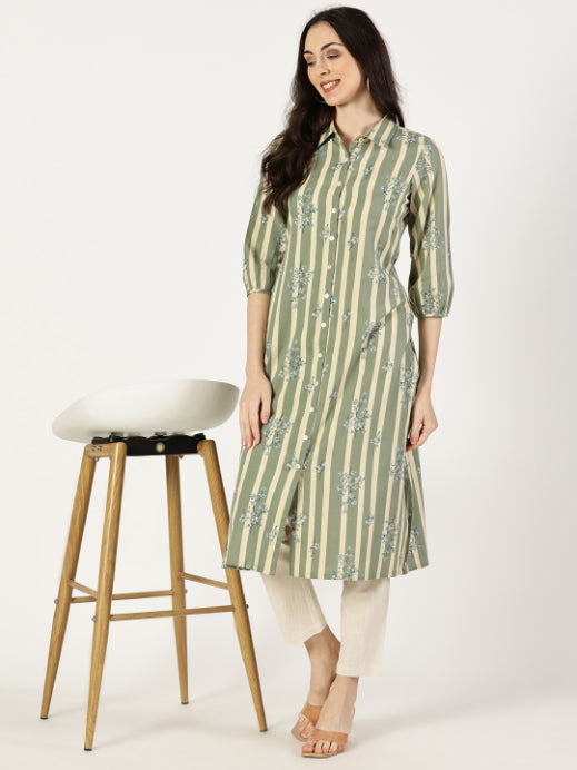 Green Floral Print Shirt Kurta