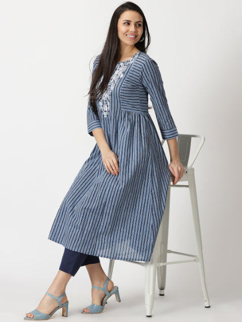 Blue Striped A-line Cotton Kurta with Yoke Embroidery