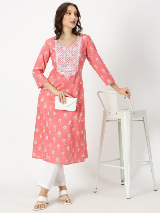 Coral Floral Print Kurta with Lucknowi Chikankari Embroidery